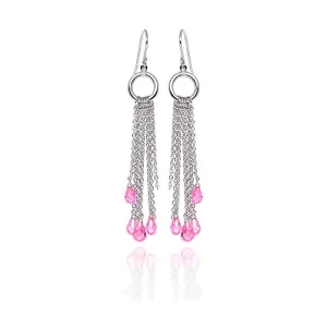 Clearance-Silver 925 Rhodium Plated Pink Tear Drop CZ Multi Wire Dangling Hook Earrings - STE00072