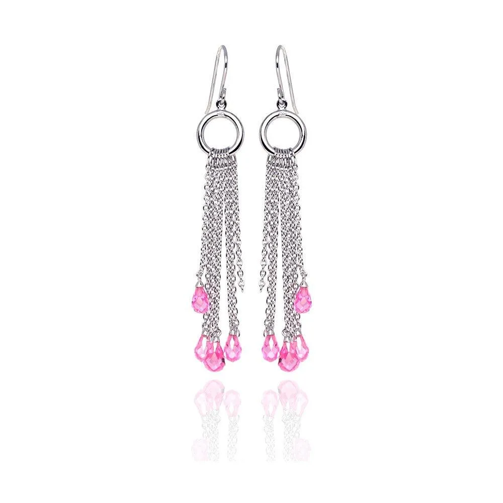 Clearance-Silver 925 Rhodium Plated Pink Tear Drop CZ Multi Wire Dangling Hook Earrings - STE00072