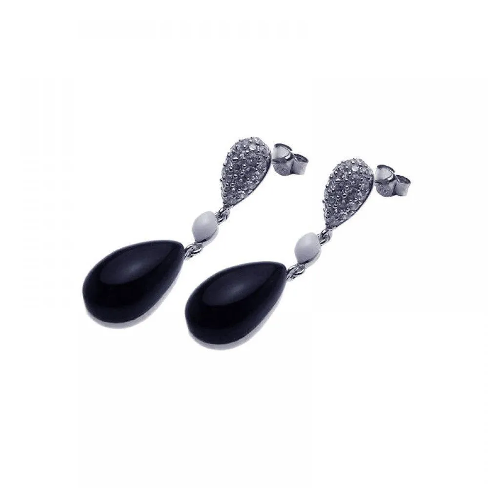 Clearance-Silver 925 Rhodium Plated Round Cookie Monster Onyx CZ Dangling Hook Earrings - BGE00096