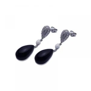 Clearance-Silver 925 Rhodium Plated Round Cookie Monster Onyx CZ Dangling Hook Earrings - BGE00096