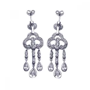 Clearance-Silver 925 Rhodium Plated Round Teardrop CZ Clover Jellyfish Dangling Post Earrings - STE00652