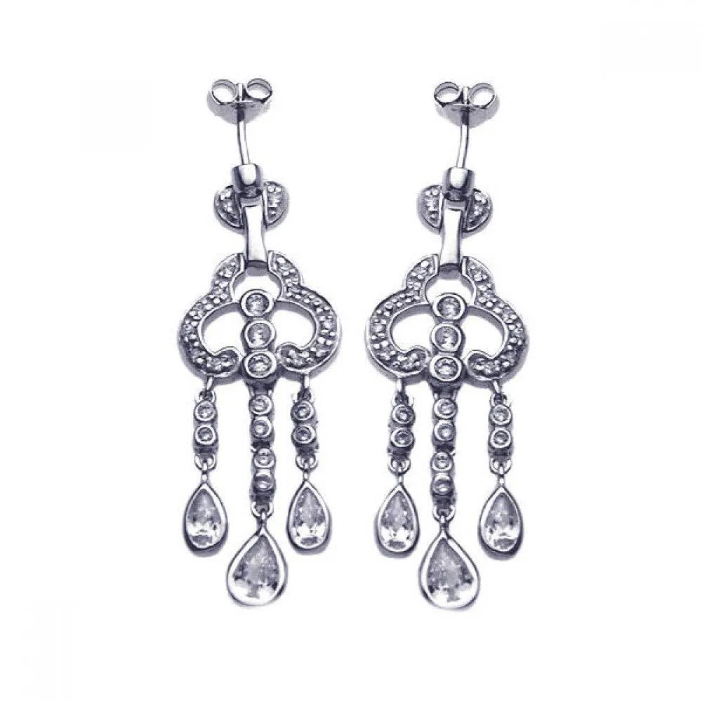 Clearance-Silver 925 Rhodium Plated Round Teardrop CZ Clover Jellyfish Dangling Post Earrings - STE00652