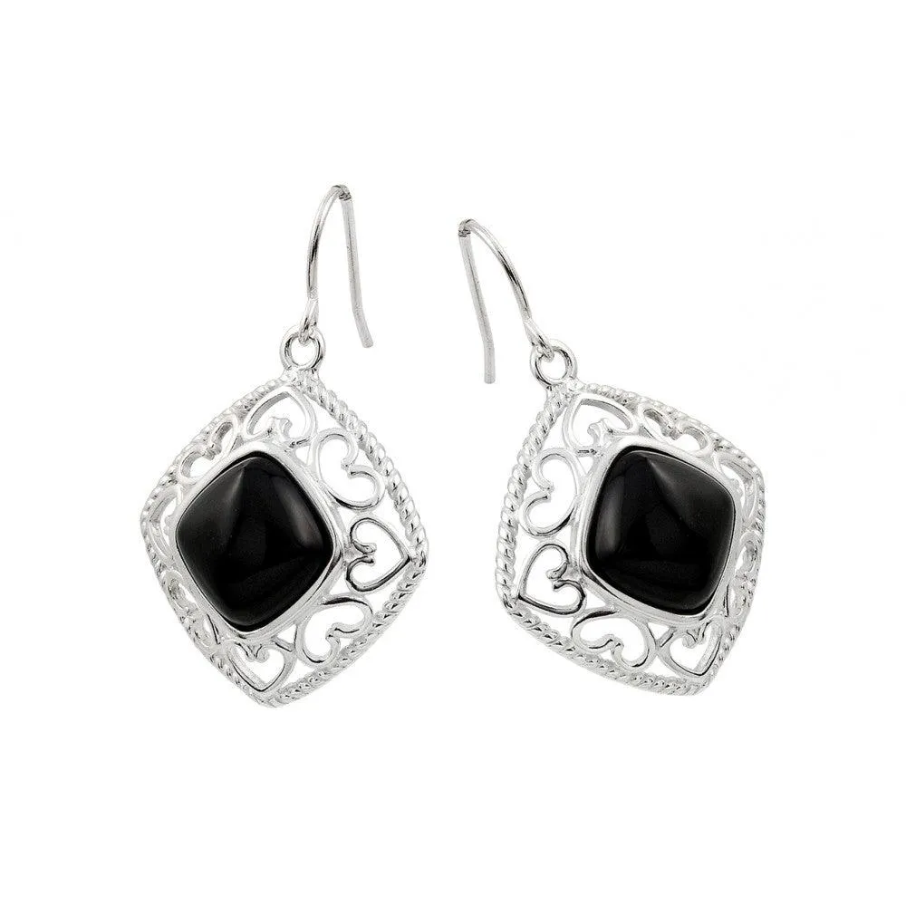 Clearance-Silver 925 Rhodium Plated Square Black CZ Dangling Hook Earrings - STE00738