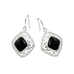Clearance-Silver 925 Rhodium Plated Square Black CZ Dangling Hook Earrings - STE00738