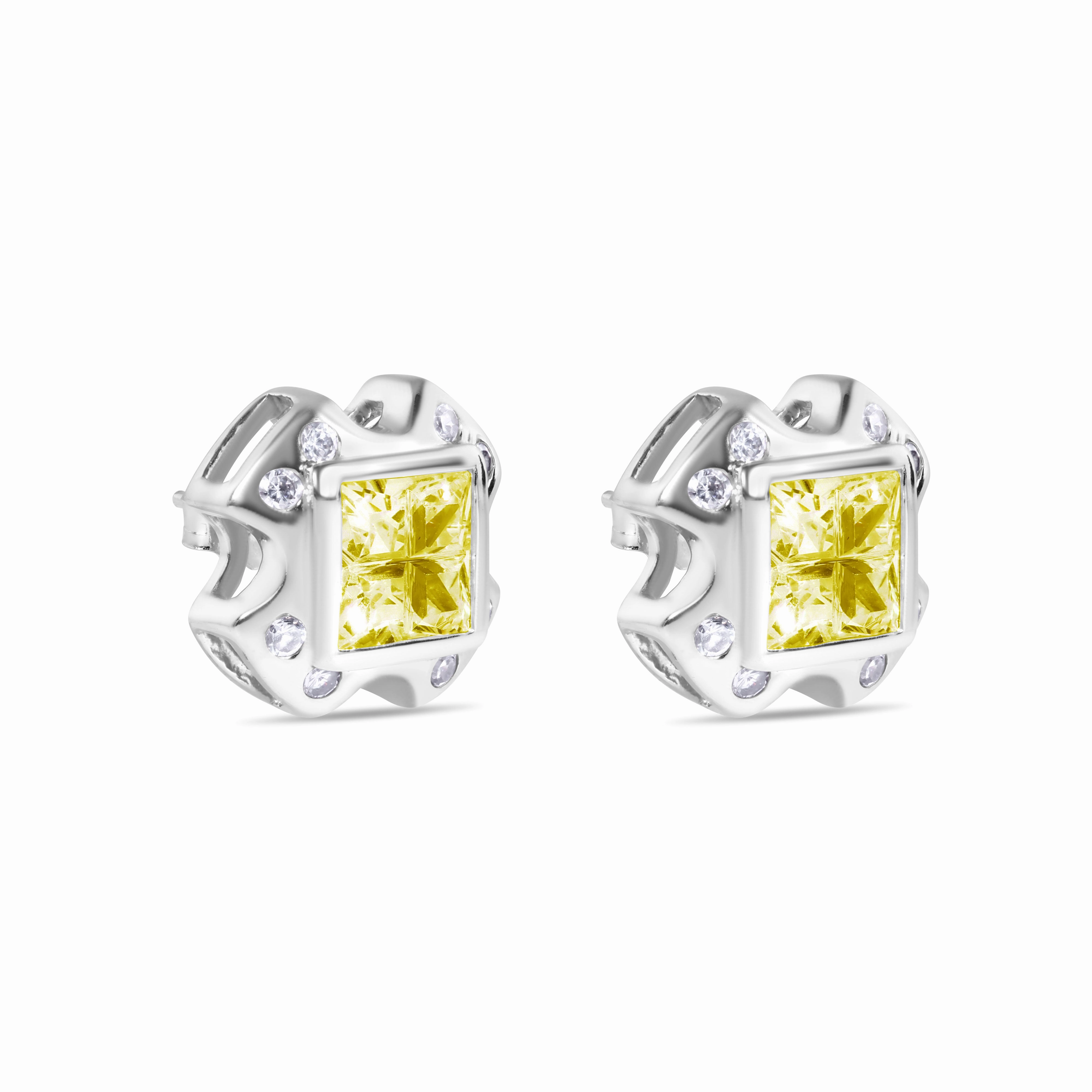 Clearance-High Polished 925 Sterling Silver Invisible Yellow CZ Center Stud Earrings - STEM139YLW