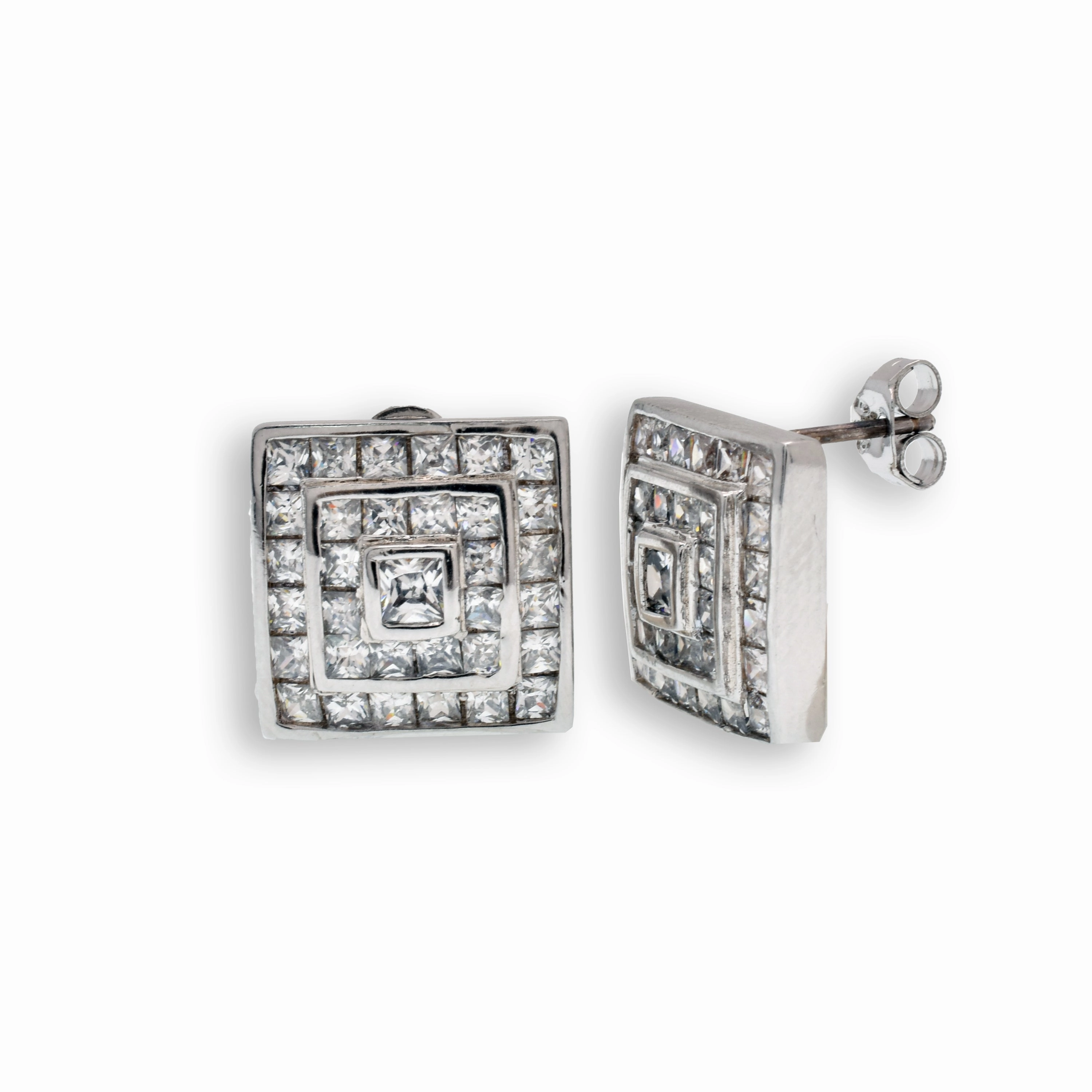 Clearance-Rhodium Plated 925 Sterling Silver Square Clear CZ Stud Earrings - STEM003