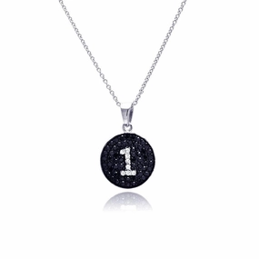 Clearance-Silver 925 Black and Silver Rhodium Plated Number One Black and Clear CZ Dangling Necklace - STP00539