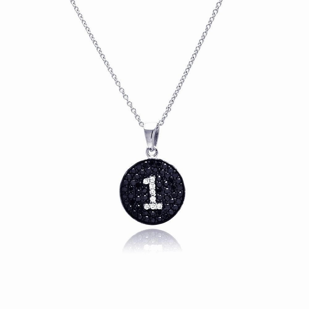 Clearance-Silver 925 Black and Silver Rhodium Plated Number One Black and Clear CZ Dangling Necklace - STP00539