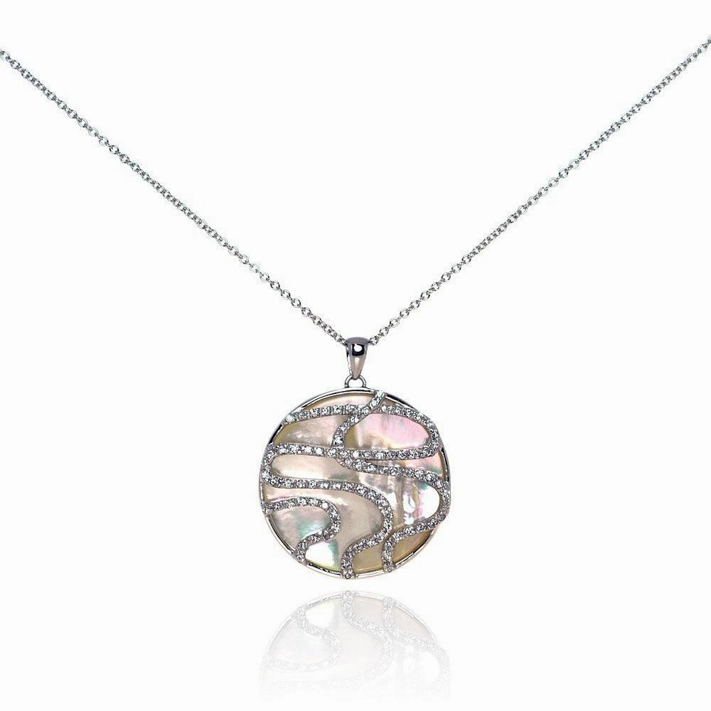Clearance- Silver 925 Clear CZ Mother Pearl Rhodium Plated Round Pendant Necklace - BGP00115