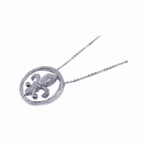 Clearance-Silver 925 Clear CZ Rhodium Plated Flor Di Lis Pendant Necklace - BGP00059