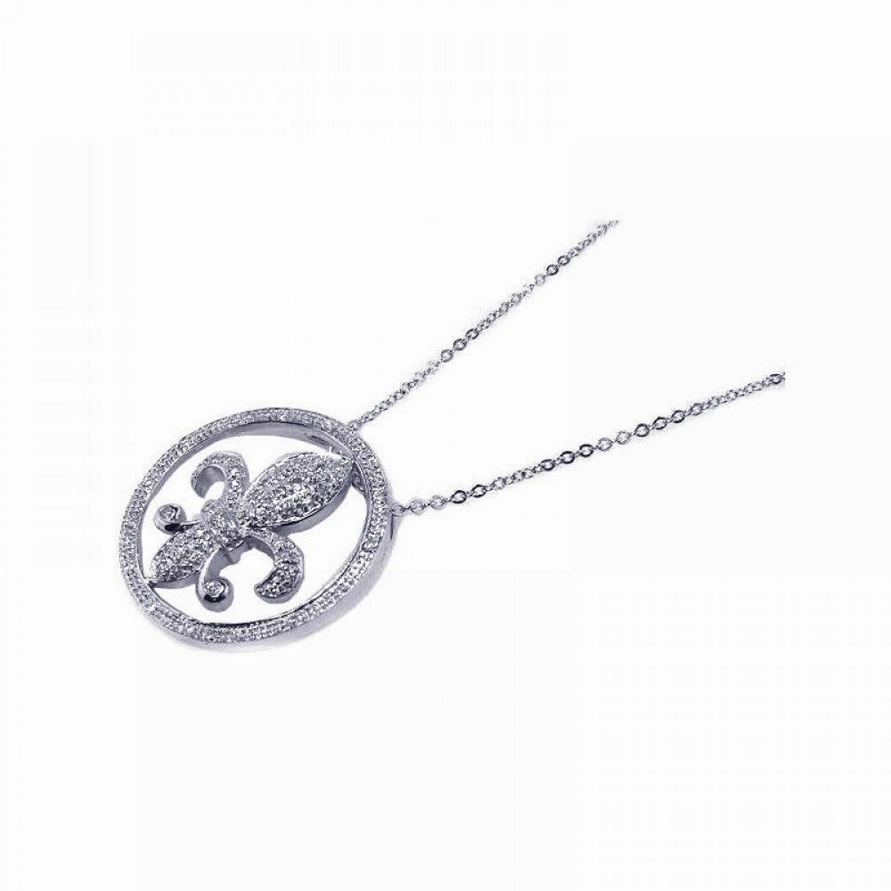 Clearance-Silver 925 Clear CZ Rhodium Plated Flor Di Lis Pendant Necklace - BGP00059