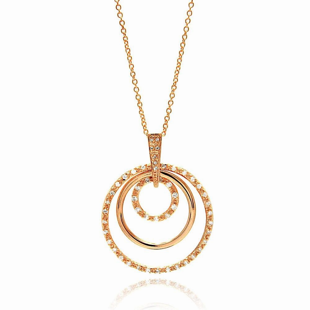 Clearance-Silver 925 Clear CZ Rose Gold Plated Multi Circle Pendant Necklace - STP00101RGP