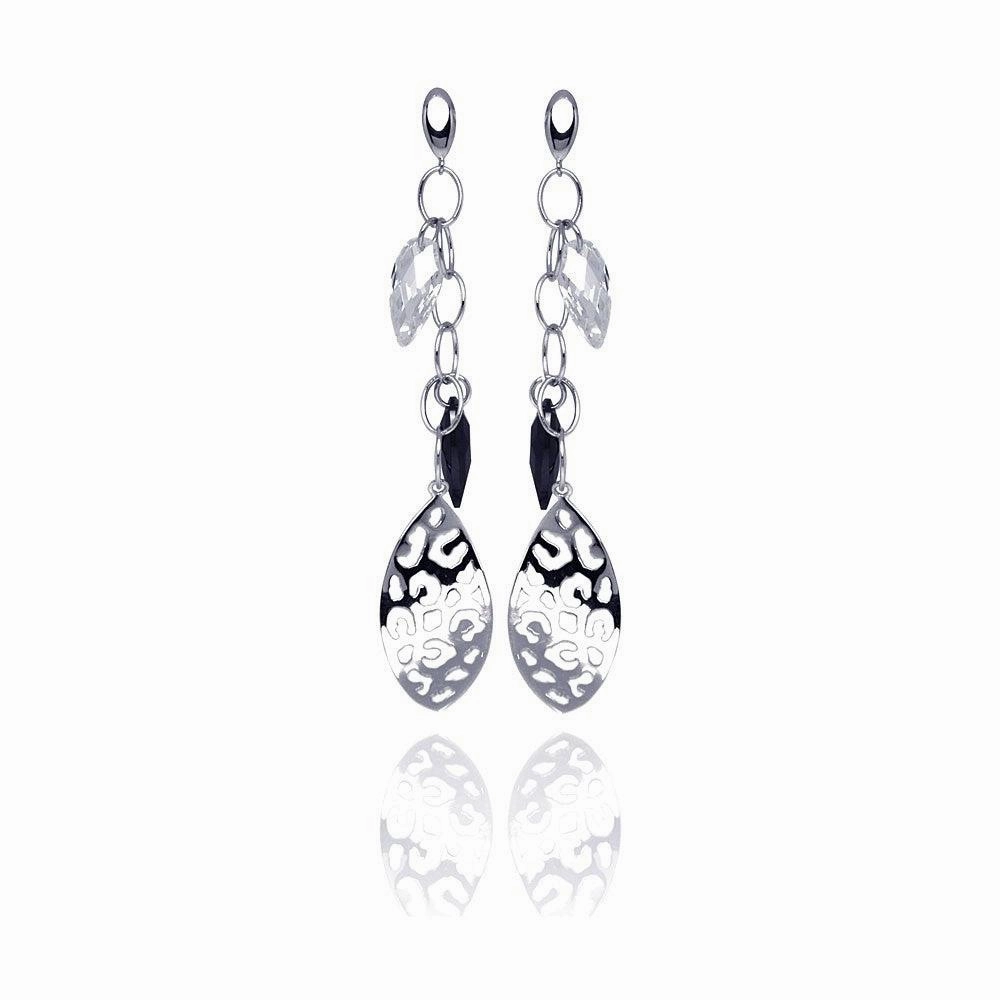 Clearance-Silver 925 Rhodium Plated Black and Clear Marquise CZ Flat Filigree Wire Dangling Stud Earrings - STE00290BLK