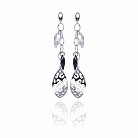 Clearance-Silver 925 Rhodium Plated Black and Clear Marquise CZ Flat Filigree Wire Dangling Stud Earrings - STE00290BLK