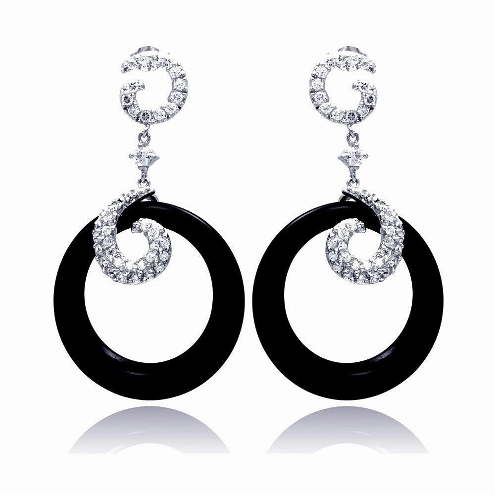 Clearance-Silver 925 Rhodium Plated Coil J hook CZ Black Round Onyx Dangling Stud Earrings - STE00530