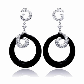 Clearance-Silver 925 Rhodium Plated Coil J hook CZ Black Round Onyx Dangling Stud Earrings - STE00530