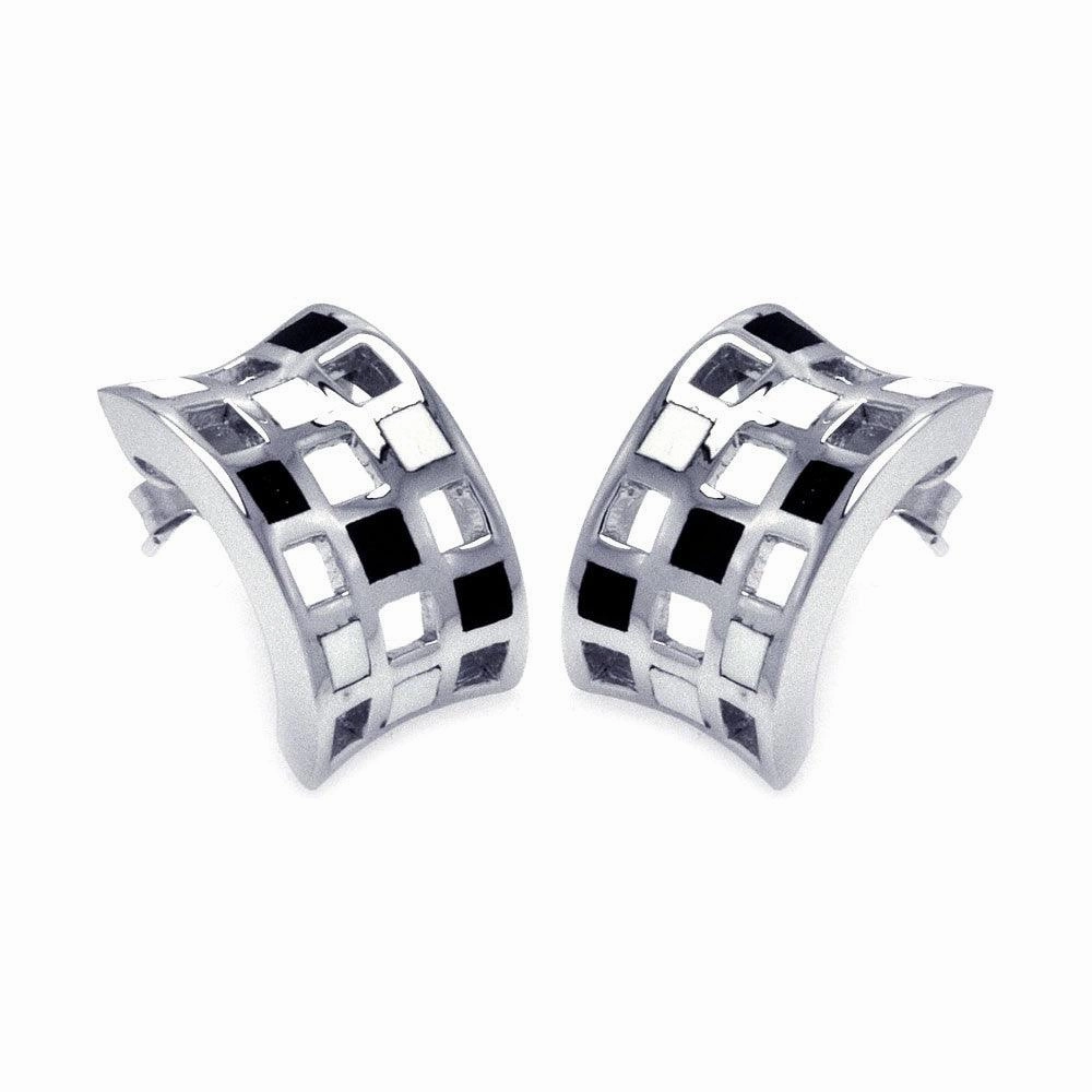 Clearance-Silver 925 Rhodium Plated Half Circle Black and Clear CZ Stud Earrings - BGE00130