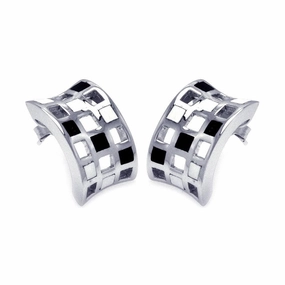 Clearance-Silver 925 Rhodium Plated Half Circle Black and Clear CZ Stud Earrings - BGE00130