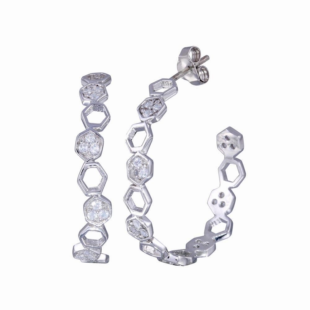 Clearance-Silver 925 Rhodium Plated Hexagon Clear CZ Round J Hook Stud Earrings - STE00704