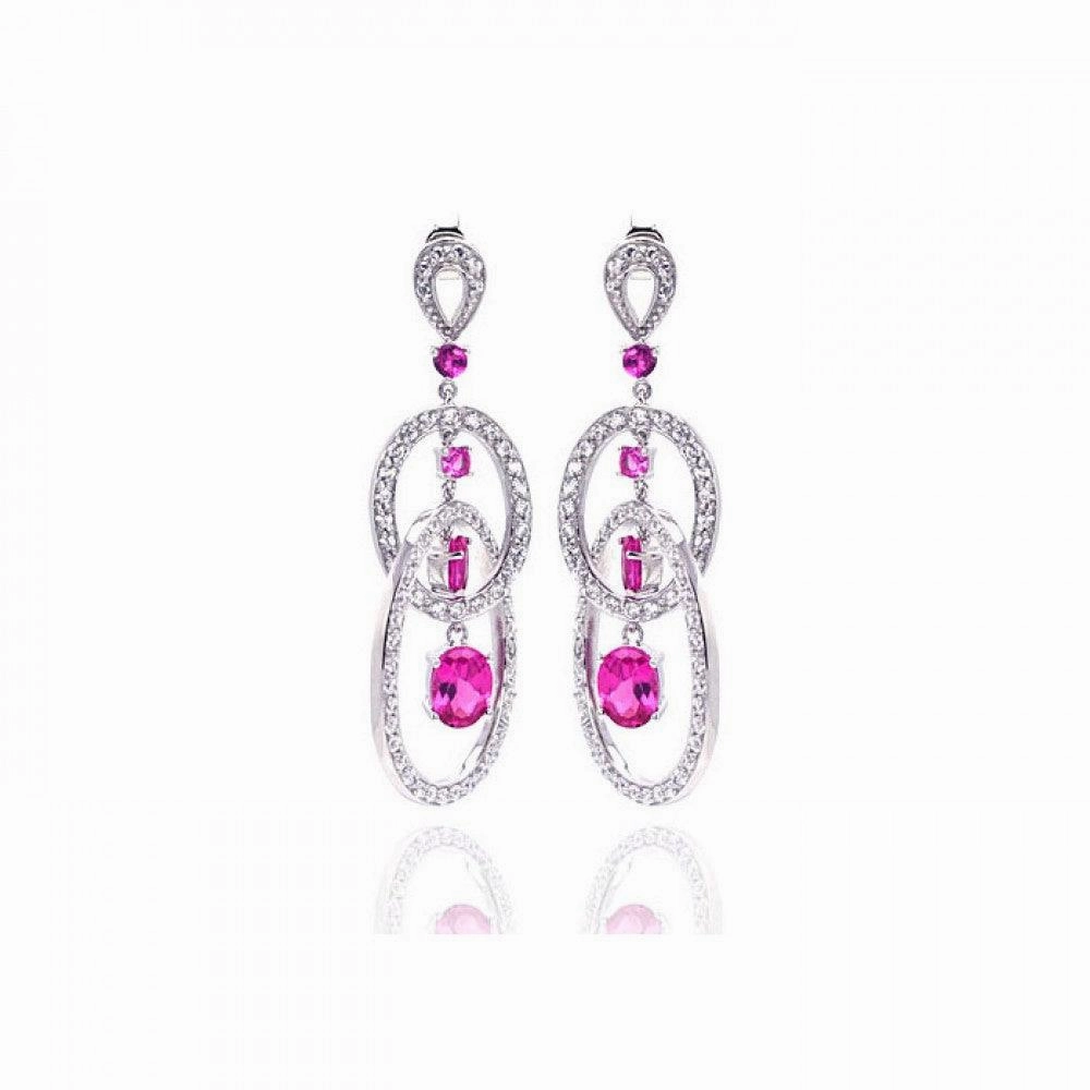 Clearance-Silver 925 Rhodium Plated Pink Multiple Circle Oval Baguette Round CZ Chandelier Dangling Stud Earrings - STE00937