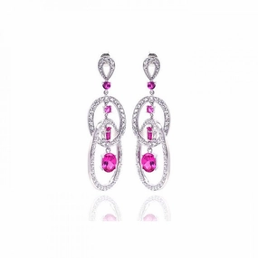 Clearance-Silver 925 Rhodium Plated Pink Multiple Circle Oval Baguette Round CZ Chandelier Dangling Stud Earrings - STE00937