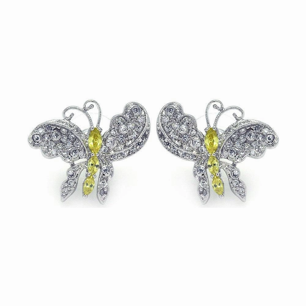 Clearance-Silver 925 Rhodium Plated Yellow CZ Butterfly Stud Earrings - BGE00132