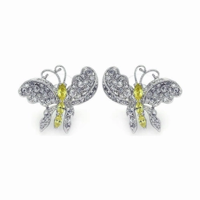 Clearance-Silver 925 Rhodium Plated Yellow CZ Butterfly Stud Earrings - BGE00132