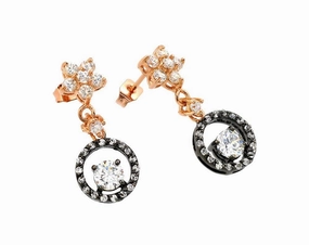Clearance-Silver 925 Rose Gold and Black Rhodium Plated Flower Round CZ Dangling Stud Earrings - BGE00284