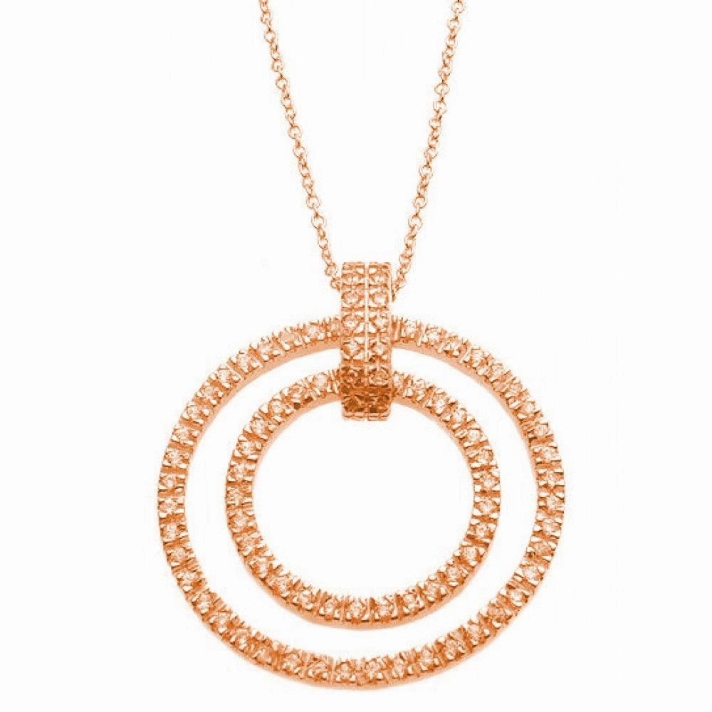 Clearance-Silver 925 Rose Gold Plated Clear CZ Double Circle Pendant Necklace - STP00920