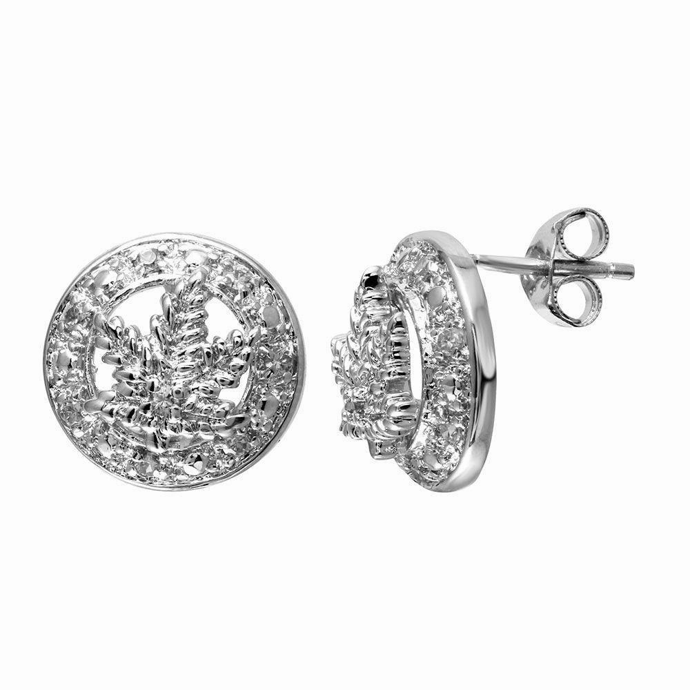 Closeout-Items Rhodium Plated 925 Sterling Silver CZ Marijuana Leaf Stud Earrings - STEM066CLR