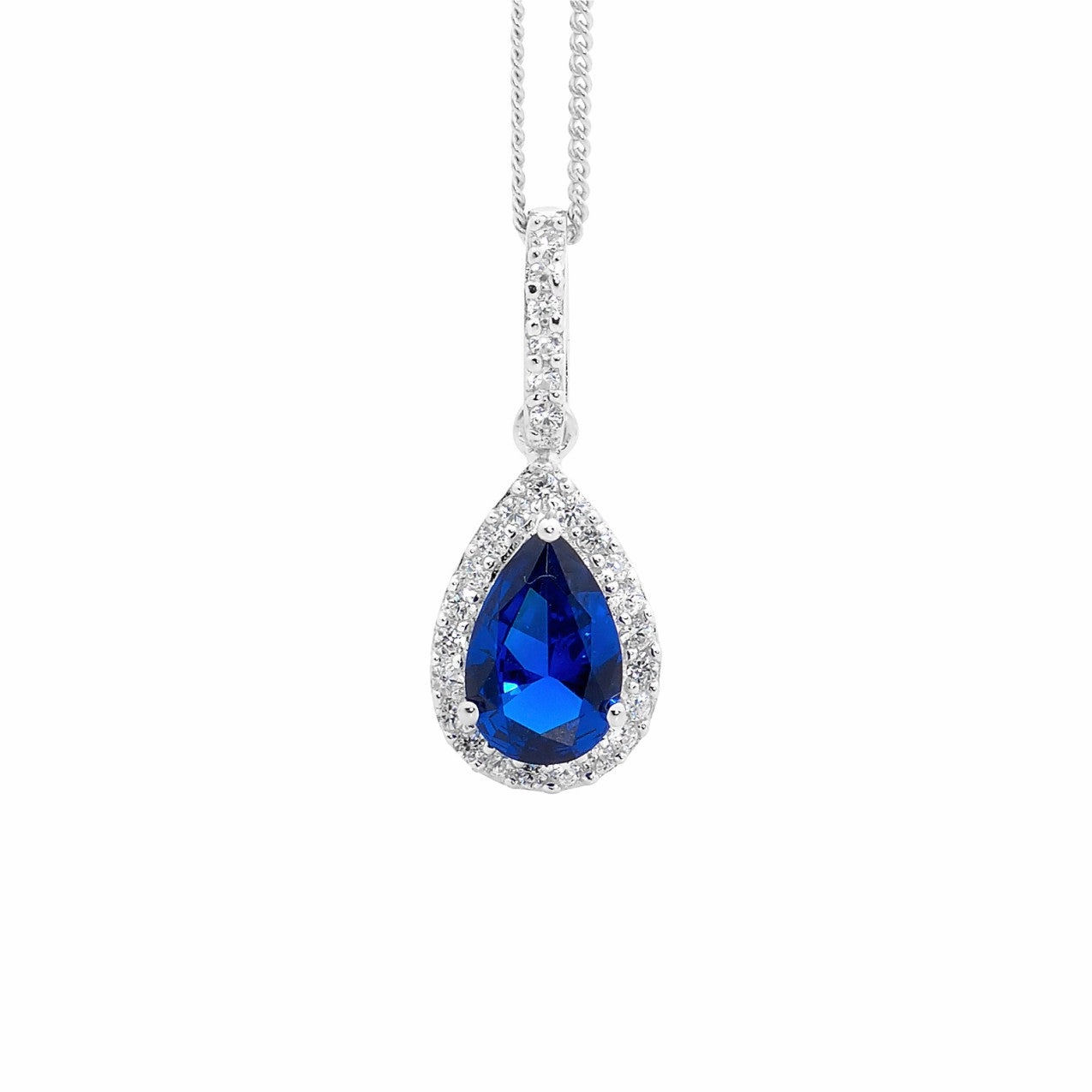 Dark Blue CZ Pear Drop with White CZ Surround - Pendant & Earring