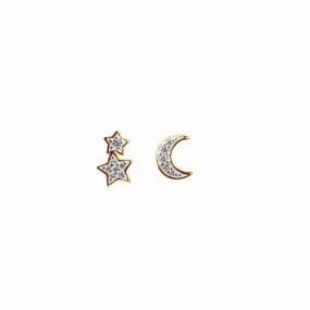 Dew Zirconia Pave Gold Plate Crescent Moon & Star Studs 3429GCZ
