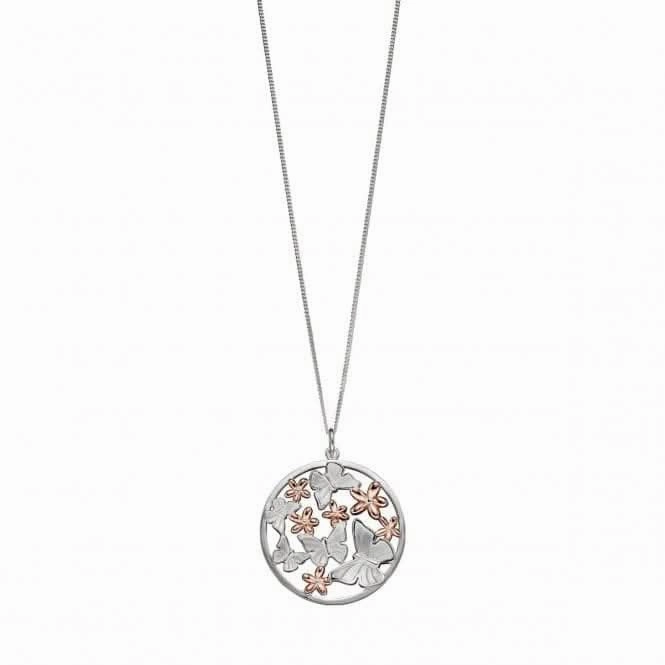 Elements Silver Satin Finish Butterfly Rose Gold Flowers Pendant P4701