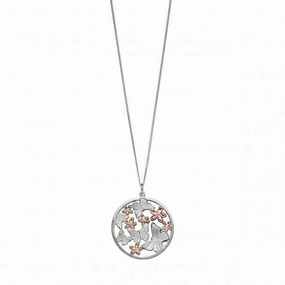 Elements Silver Satin Finish Butterfly Rose Gold Flowers Pendant P4701