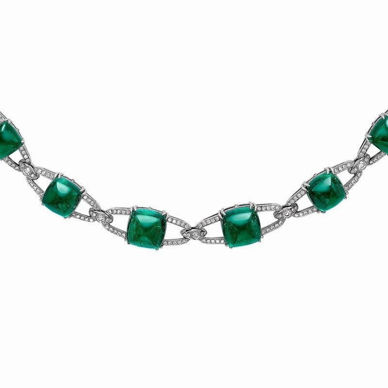 Faberge Colours of Love Empress 18ct White Gold 54.23ct Sugarloaf Emerald Diamond Necklace