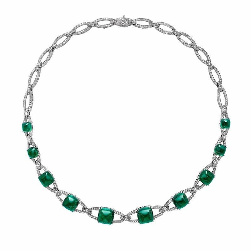 Faberge Colours of Love Empress 18ct White Gold 54.23ct Sugarloaf Emerald Diamond Necklace