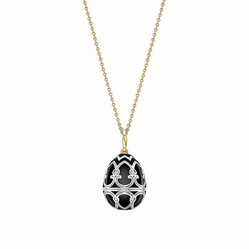 Faberge Heritage White and Yellow Gold Black Enamel Locket with Penguin Surprise