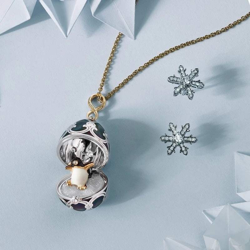 Faberge Heritage White and Yellow Gold Black Enamel Locket with Penguin Surprise
