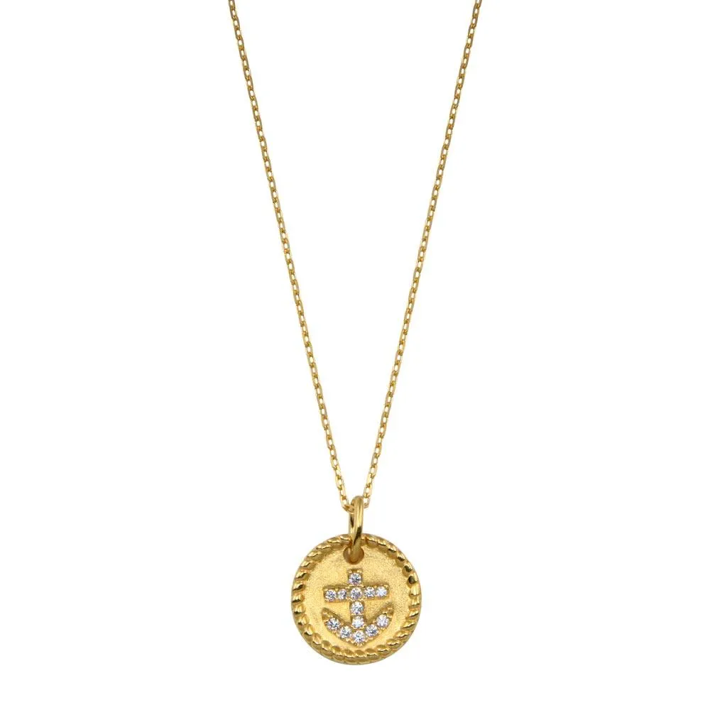 Gold Plated 925 Sterling Silver CZ Round Anchor Necklace - GMN00185GP