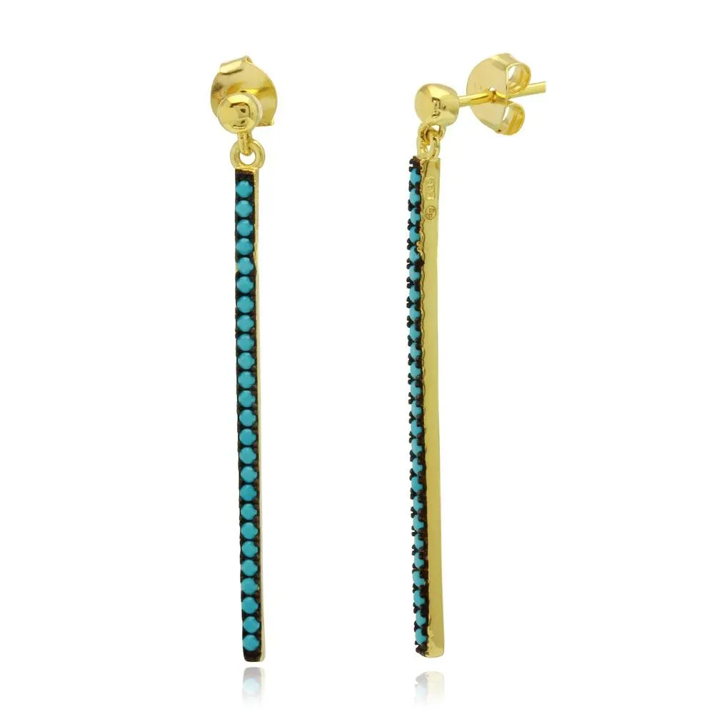 Gold Plated 925 Sterling Silver Dangling Bar with Turquoise Beads - BGE00542