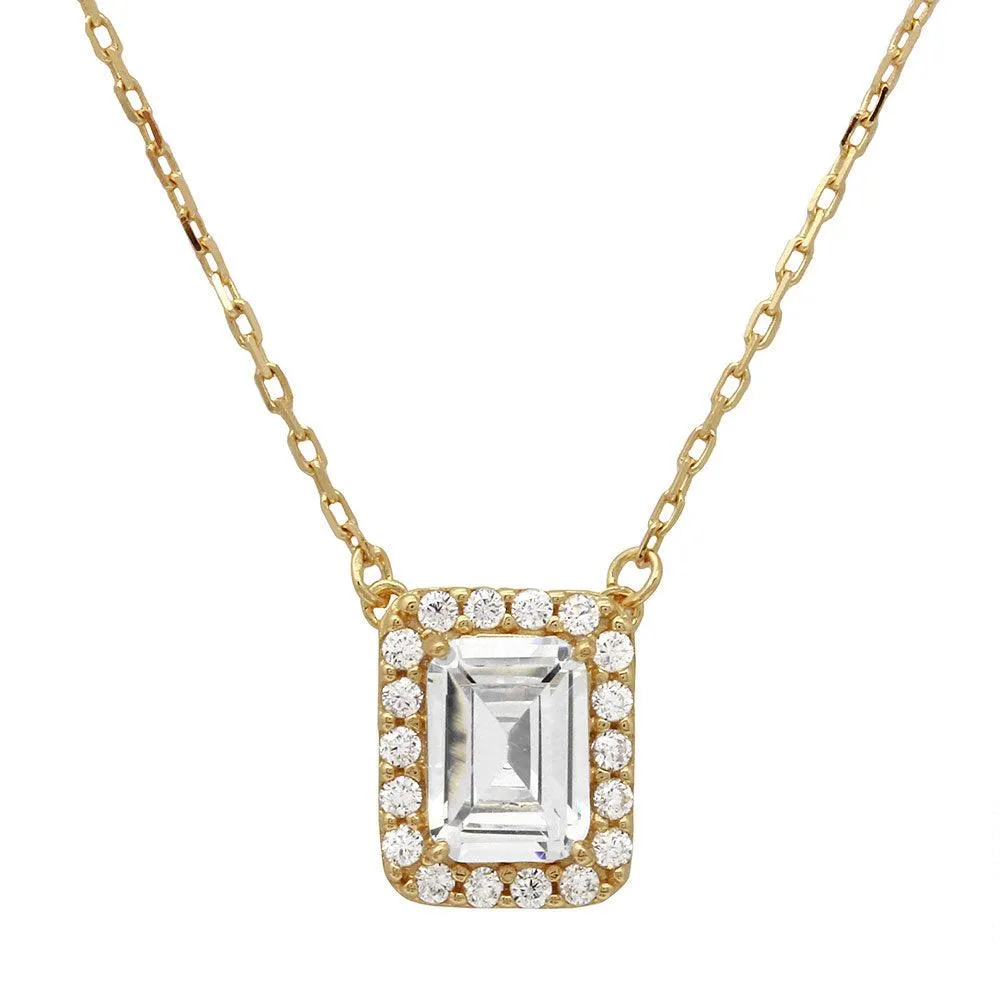Gold Plated 925 Sterling Silver Square Halo CZ Pendant with Adjustable Chain - GMN00023GP