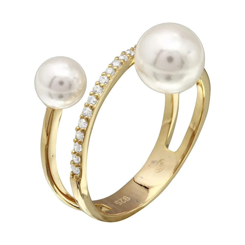 Gold Plated 925 Sterling Silver Synthetic Pearl Ended Loop CZ Ring - GMR00206GP