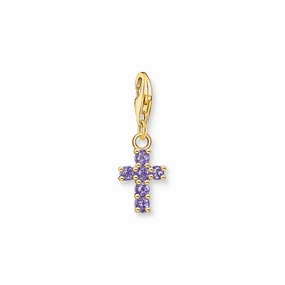 Gold Cross Charm Pendant with amethyst-coloured stones
