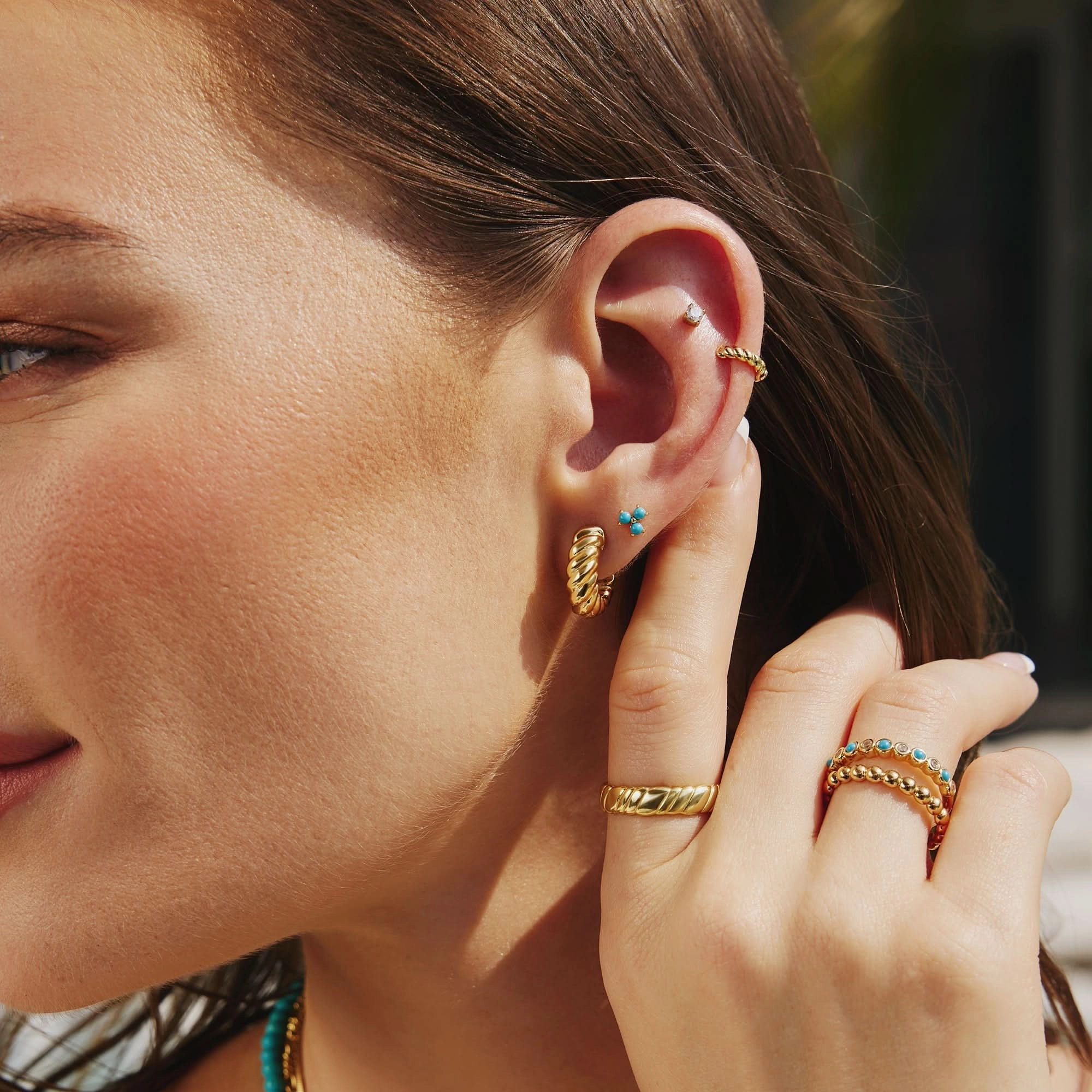 Gold Lab Created Turquoise Lotus Stud Earrings E063-04G