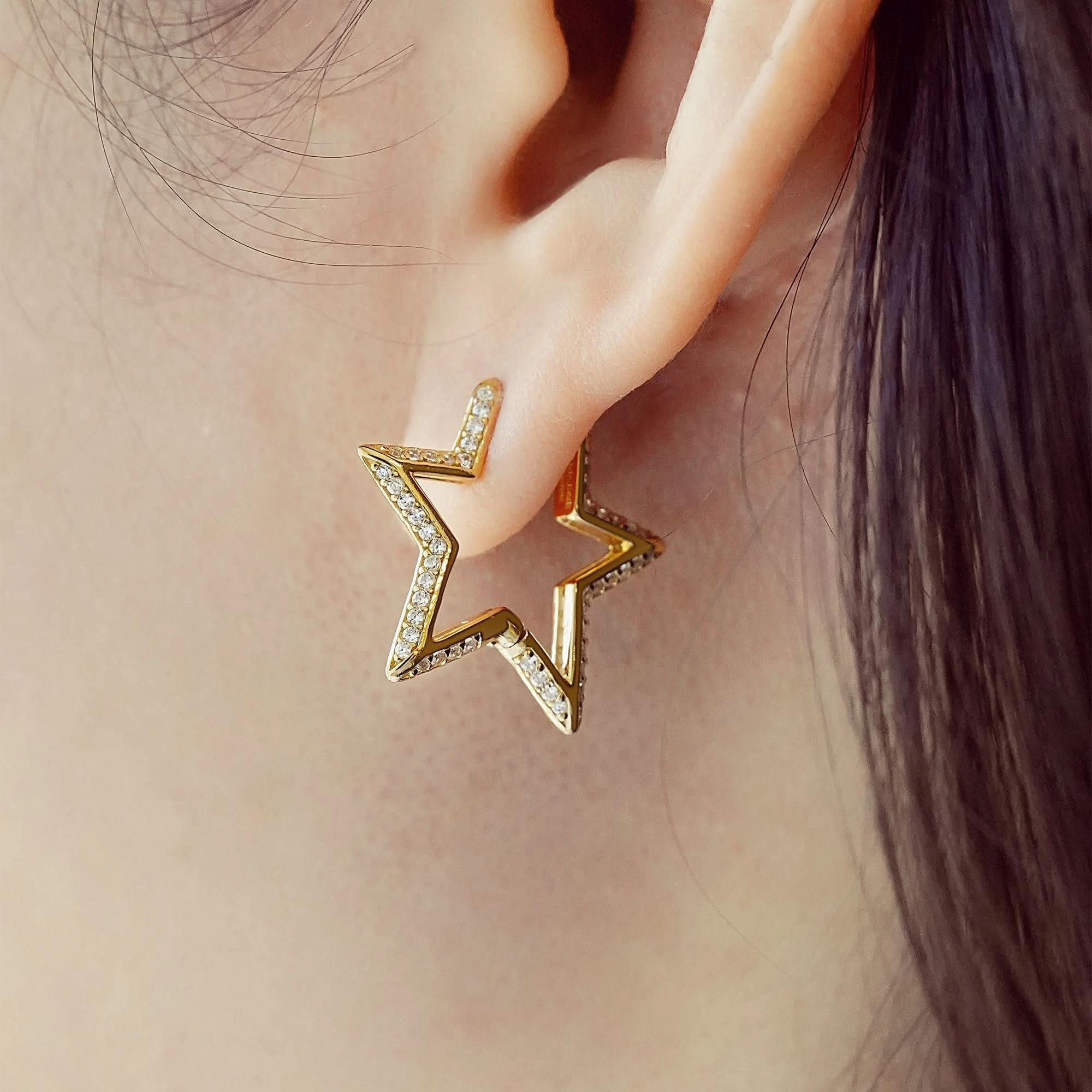 Gold Medium Star Pav Hoop Earrings E064-05G