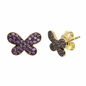 Gold Plated 925 Sterling Silver Butterfly Studs Earrings with Purple CZ Stones - GME00097GP