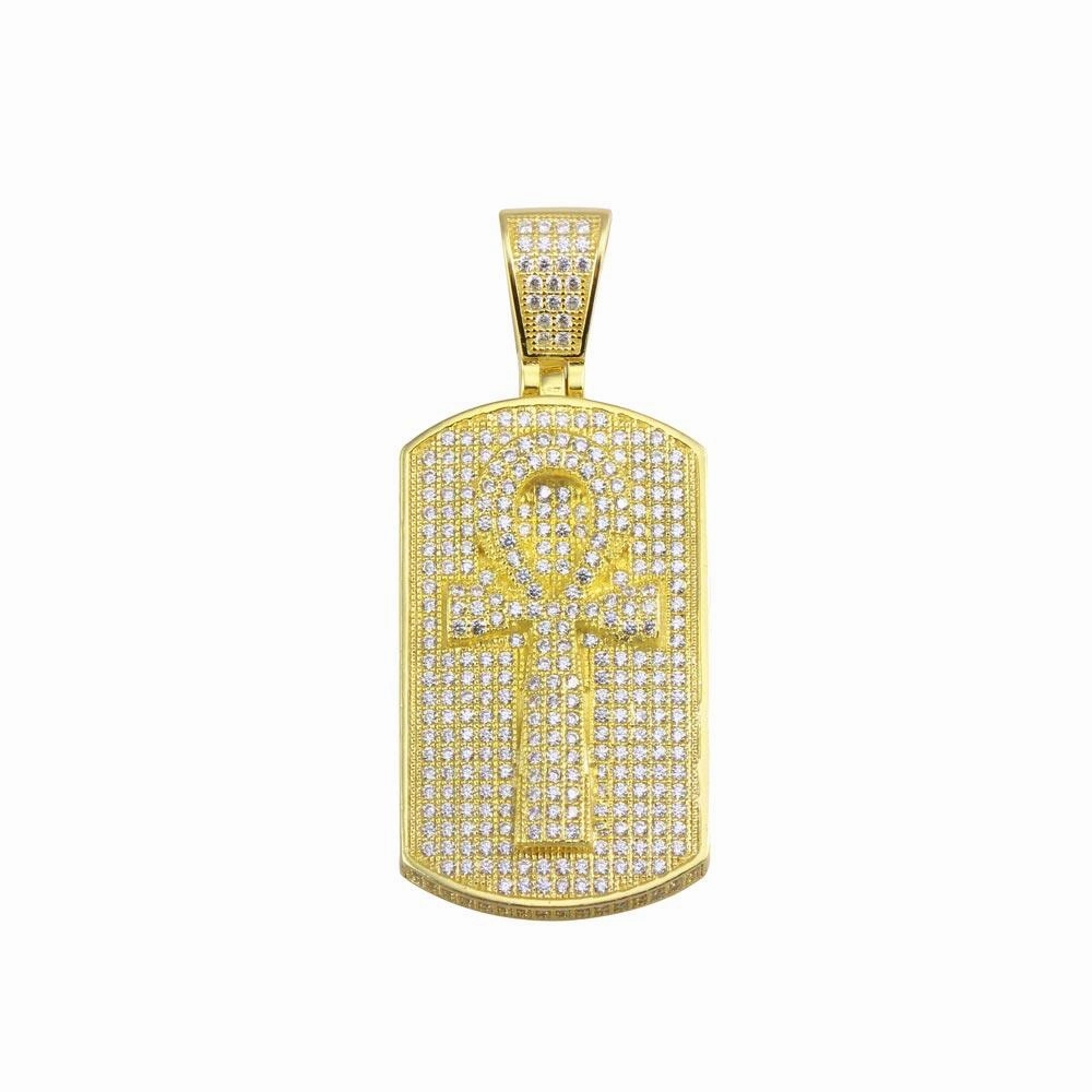 Gold Plated 925 Sterling Silver CZ Cross Dogtag Hip Hop Pendant - SLP00150GP
