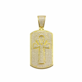 Gold Plated 925 Sterling Silver CZ Cross Dogtag Hip Hop Pendant - SLP00150GP