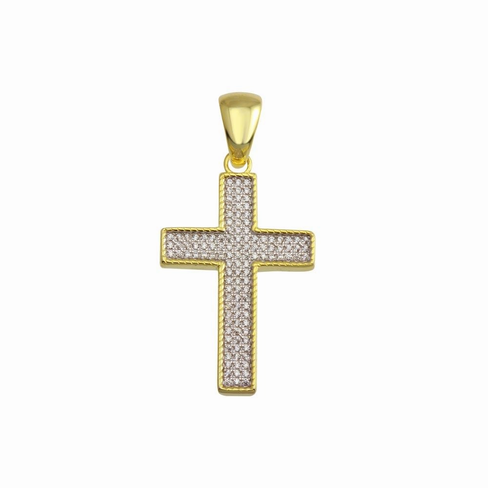 Gold Plated 925 Sterling Silver CZ Cross Hip Hop Pendant - SLP00193GP