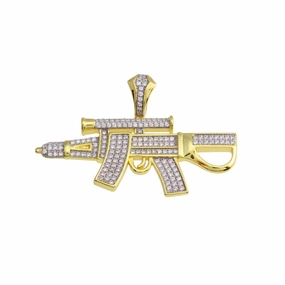 Gold Plated 925 Sterling Silver CZ Gun Hip Hop Pendant - SLP00198GP